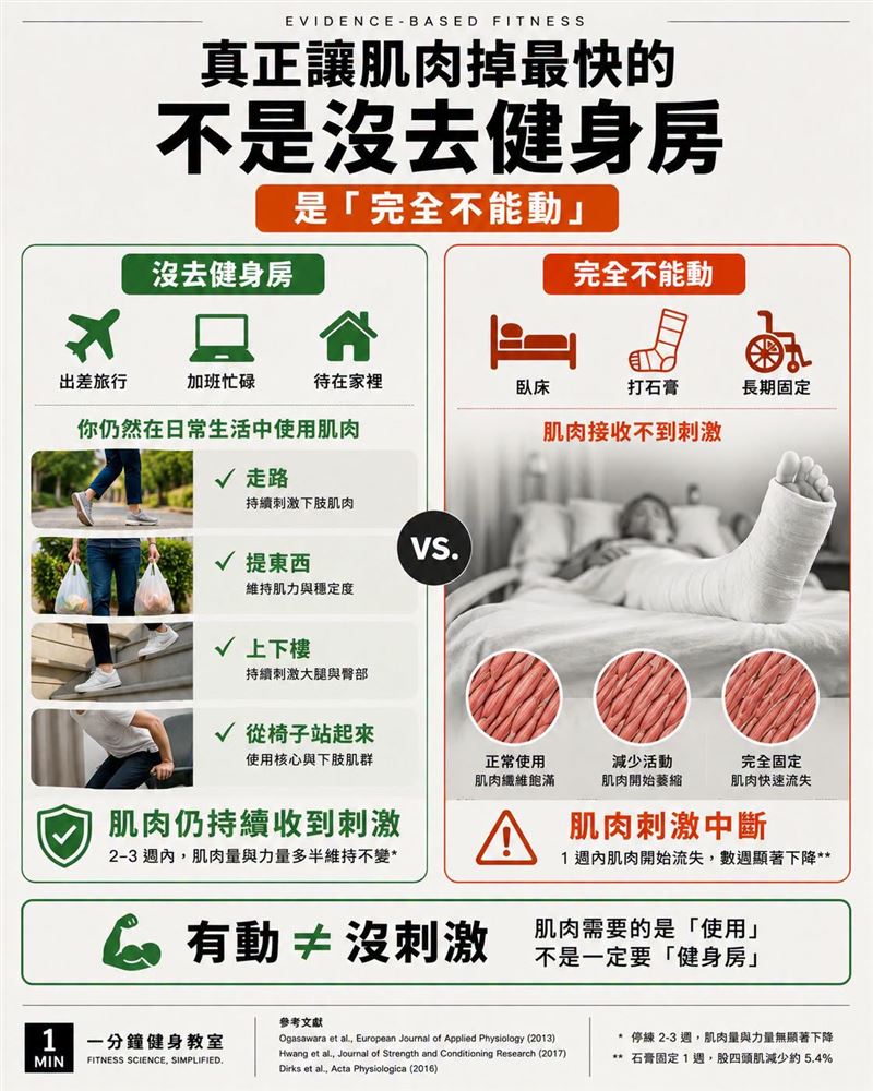 醫師王思恒表示，真正會減少肌肉量的不是沒去健身房，而是完全不能動。(圖／取自「一分鐘健身教室」)