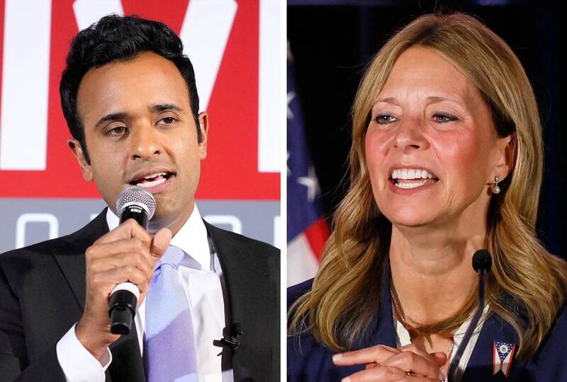 俄亥俄州長共和黨參選人拉馬斯瓦米（左）砸重金推出爭議攻擊廣告，找來民主黨對手愛克頓（右）的疏離親媽出鏡，遭黨內外痛批越過道德底線。（美聯社資料照）