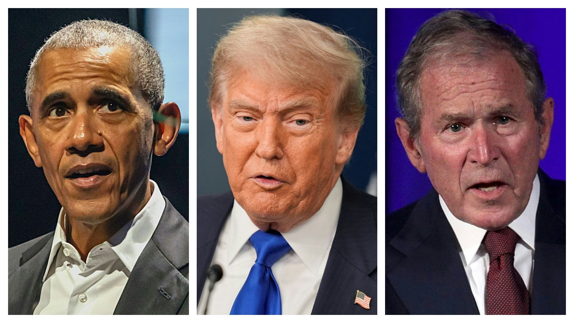 左圖：美國前總統奧巴馬（Barack Obama）於2022年6月10日在丹麥哥本哈根舉行的會議上發表演說。（Getty）中圖：2025年6月27日，美國華盛頓，圖為總統特朗普（Donald Trump）在白宮新聞簡報室發表講話。（Reuters）右圖：2017年6月23日，美國前總統小布殊（George W. Bush）在美國首都華盛頓特區出席論壇時發言。（Getty）