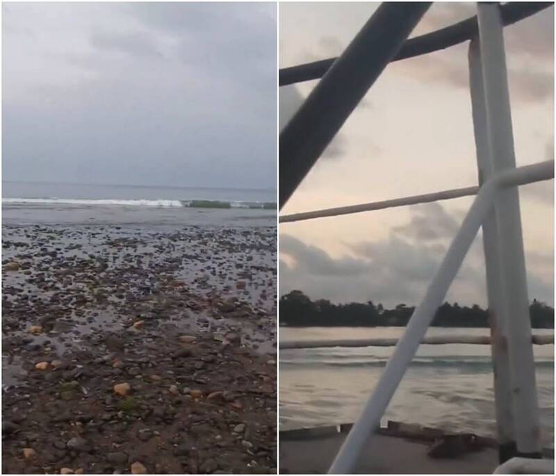 有網友將拍下海嘯發生前海岸線往後退與0.9公尺海嘯湧入的畫面PO網。（圖擷取自 X） 