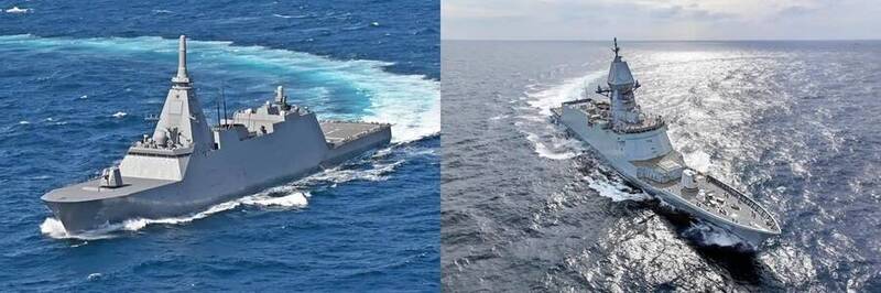 日本海上自卫队「最上级」巡防舰（左）与南韩海军「忠南级」巡防舰（右）均被视为美国海军新型护航舰计画的主要潜在竞标舰型。日本三菱重工与南韩HD现代重工均积极布局美国市场。 （图：日本海上自卫队、HD现代重工）