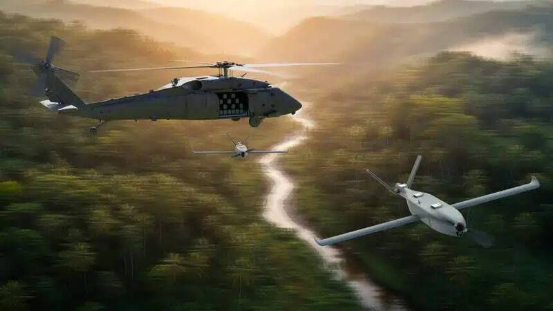 洛克希德．马丁旗下塞考斯基展示S-70UAS「U-HAWK」无人黑鹰直升机，搭配Vulture可抛式效应器执行任务，展现跨平台自主作战概念。 （图：Lockheed Martin／Sikorsky）