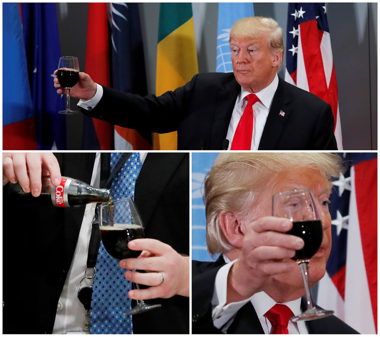 A three-part composite image shows hands pouring diet coke into a wine glass, then a man in a suit raising his glass in cheers.
