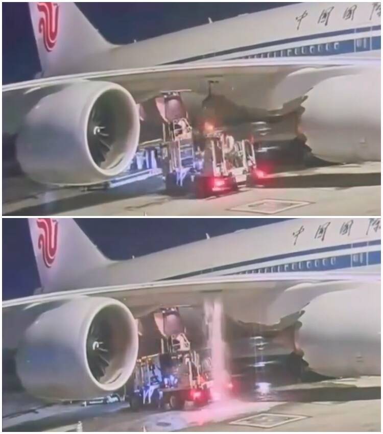 中國國航一架客機的加油接口被地面加油車破壞，燃油狂噴。（圖翻攝自X）