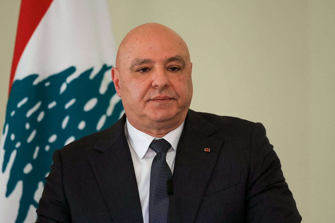 Lebanese President Joseph Aoun attends a press conference with German President Frank-Walter Steinmeier (not pictured), at the presidential palace in Baabda, Lebanon, February 16, 2026.