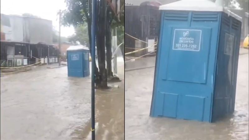 受到暴雨影響，哥倫比亞巴蘭基亞（Barranquilla）的流動廁所被水沖走了。（圖／取自X）