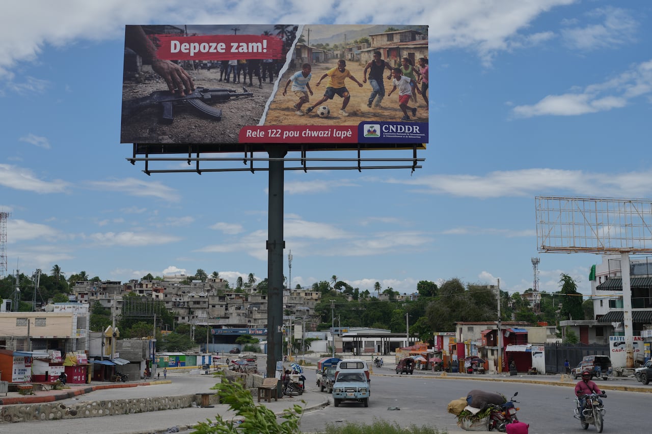 A disarmament-related billboard on display in Port-au-Prince, Haiti.