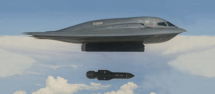 ▲美军B-2隐身轰炸机投掷GBU-57巨型钻地弹