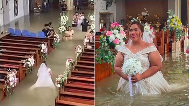 ▲▼淹水也要结婚！菲新娘「白纱泡水」走红毯　亲友全体湿身见证&nbsp;。（图／翻摄脸书Ang Tinig - St. John the Baptist Parish Hagonoy, Bulacan）