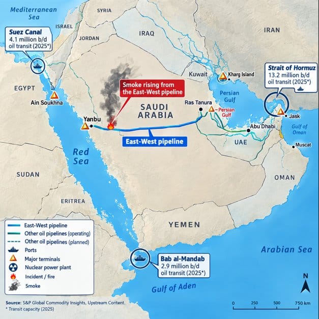 沙国已恢复之前关闭的东西向原油运输管线。   图：翻摄自Ｘ @Israelwaronhama