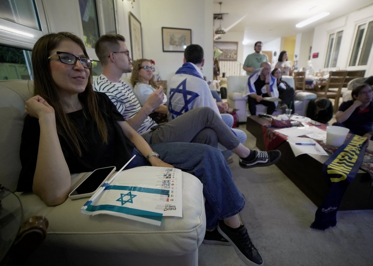 Israelis watch the first Eurovision semi-final at a watch party in Kfar Saba, Israel, May 12, 2026.
