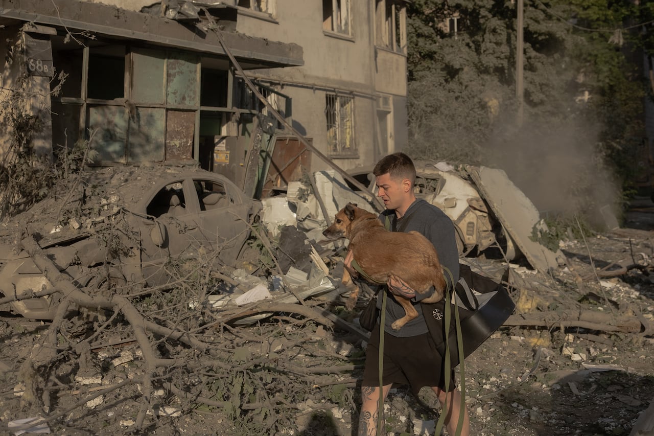 A man with short dark hair carries a brown dog amid wreckage and debris on the ground, in front of a damaged building.