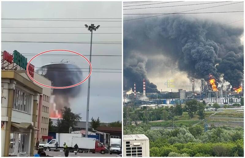 莫斯科最大炼油厂遭乌国无人机袭击，大爆炸导致多处发生大火，有附近民众拍到疑似储油槽的顶盖被炸飞。 （图翻摄自X）