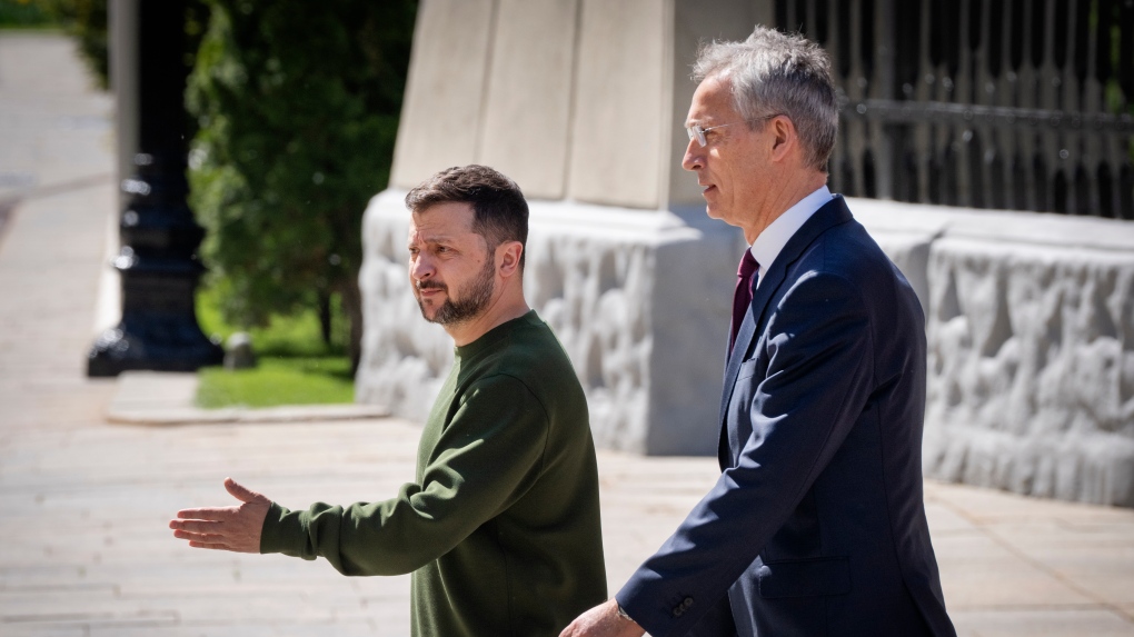 Ukrainian President Volodymyr Zelenskyy, left, welcomes NATO Secretary General Jens Stoltenberg walk before their press conference in Kyiv Ukraine, Monday, April 29, 2024. (AP Photo/Efrem Lukatsky)