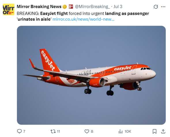 EasyJet班机因乘客行为失控紧急降落，警方登机介入处理。（图／翻摄自X）