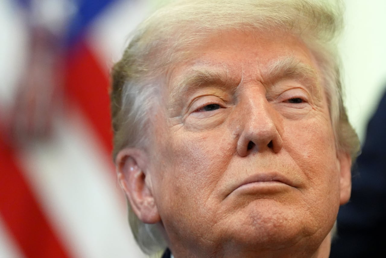 A close-up image of U.S. President Donald Trump's face.