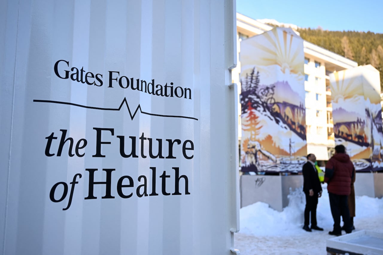 A sign saying Gates Foundation is shown in a lobby.