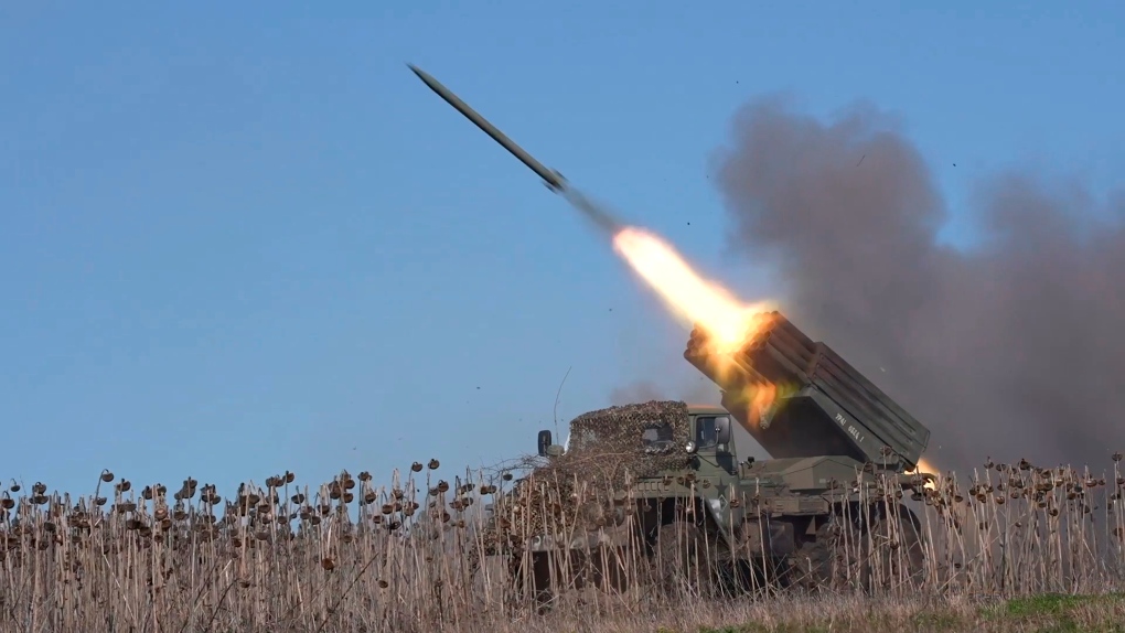 In this photo taken from video released by Russian Defense Ministry Press Service on Saturday, March 30, 2024, a rocket is fired from the Russian army's missile system toward Ukrainian position at an undisclosed location. (Russian Defense Ministry Press Service photo via AP)