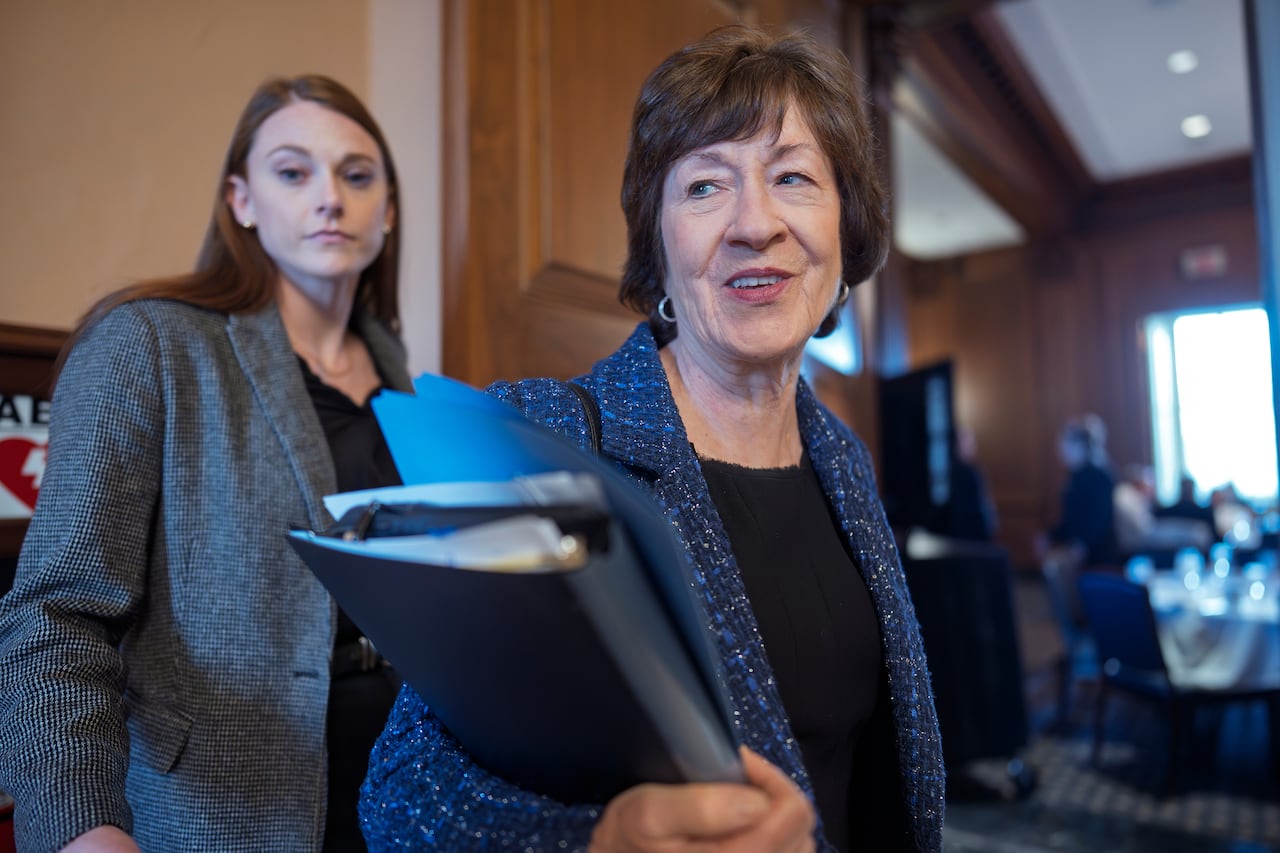 Sen. Susan Collins, R-Maine, chair of the Senate Appropriations Committee, arrives for a closed-door meeting with fellow Republicans at the Capitol in Washington, Tuesday, Dec. 9, 2025. (AP Photo/J. Scott Applewhite)