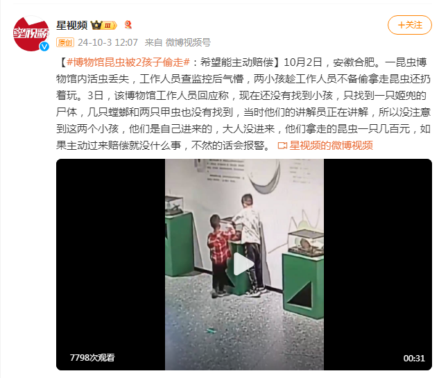 博物馆活昆虫丢失 馆方:2男孩偷拿 希望主动赔偿(组图)