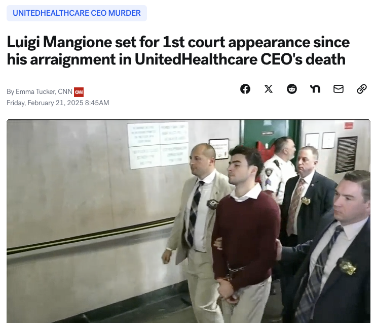 枪杀CEO案嫌犯首次出庭,面临谋杀和恐怖袭击指控(图)