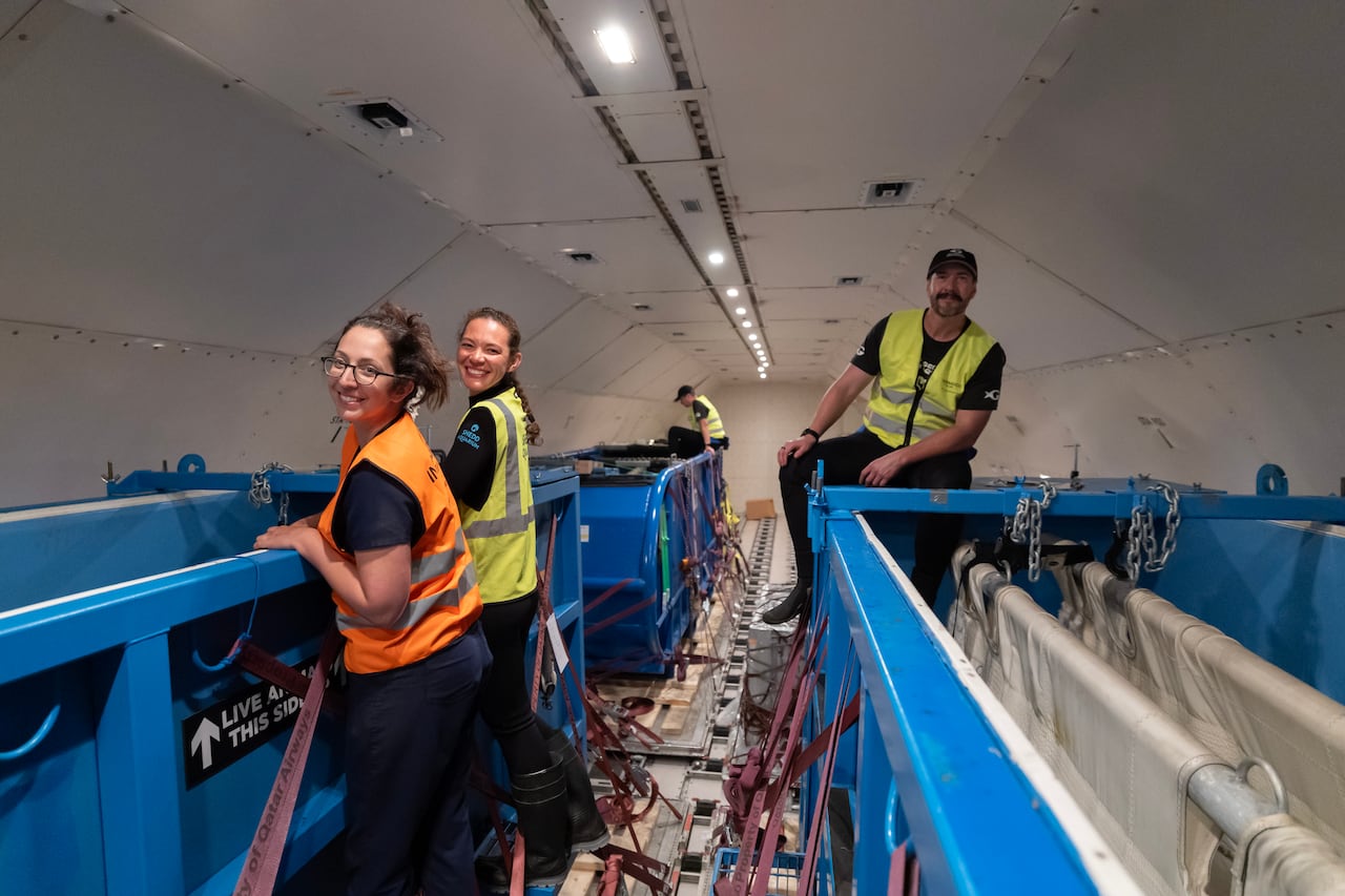 Three people smiling standing next to crates containing beluga whales on an airplane.