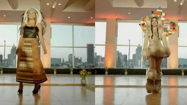 A composite image shows a woman in a feather headdress and a woman in a small imitation-fur skirt walking down a runway.