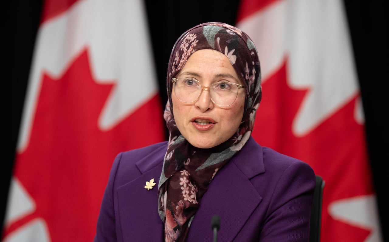 Amira Elghawaby speaking in front of Canadian flags.