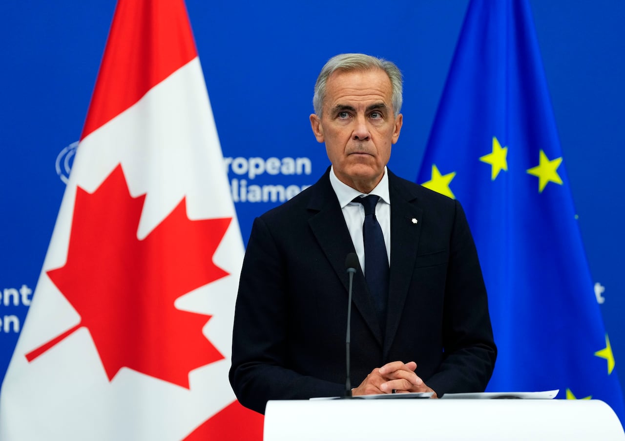 Prime Minister Mark Carney participates in a joint news conference with President of the European Parliament Roberta Metsola