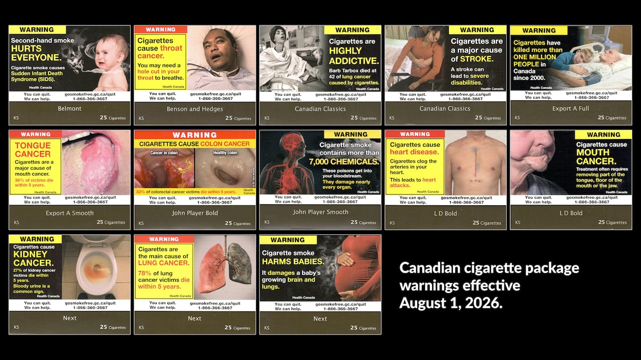Cigarette package warning labels with graphic images.