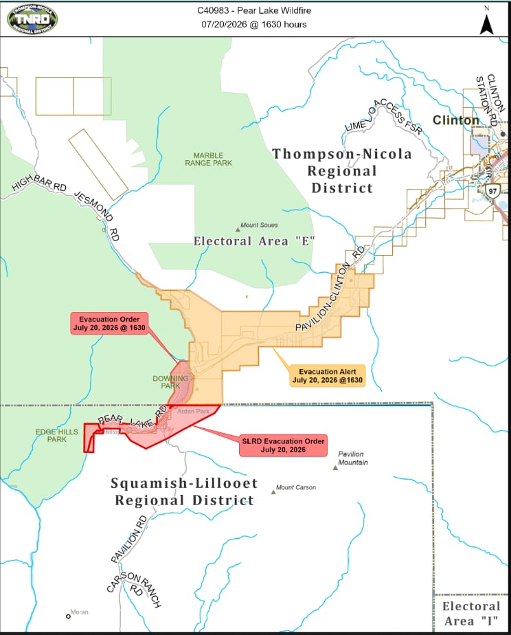 A map showing areas under evacuation order in red and evacuation alert in orange.