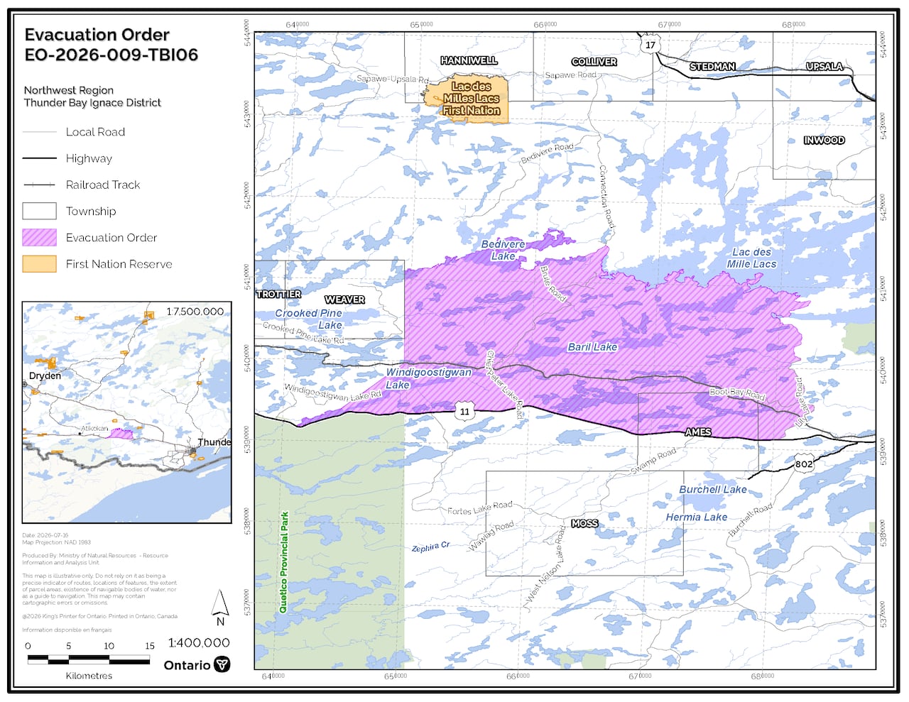 A map showing an area under an evacuation order due to wildfires.