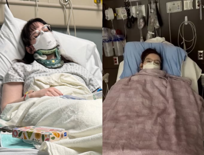 照片中一位年轻女子躺在医院病床上