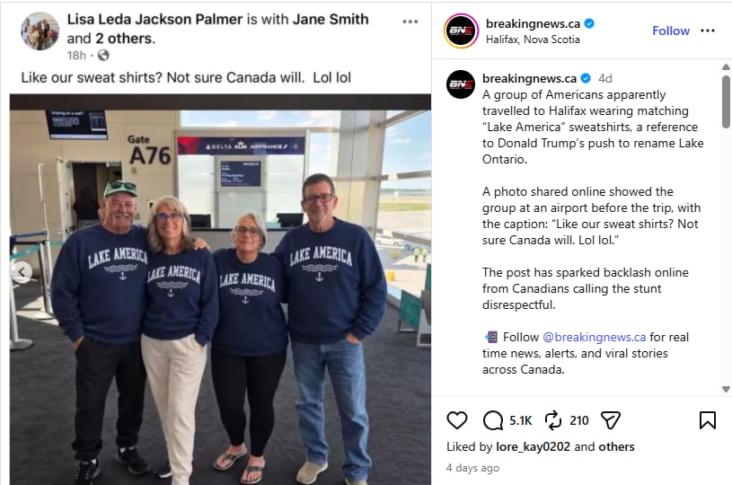 A photo of four people wearing sweatshirts that say Lake America