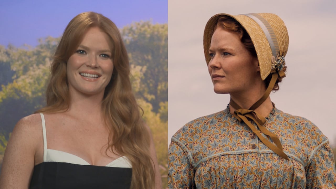 Composite of smiling redheaded woman on the left with same woman on the right in pioneer costume.