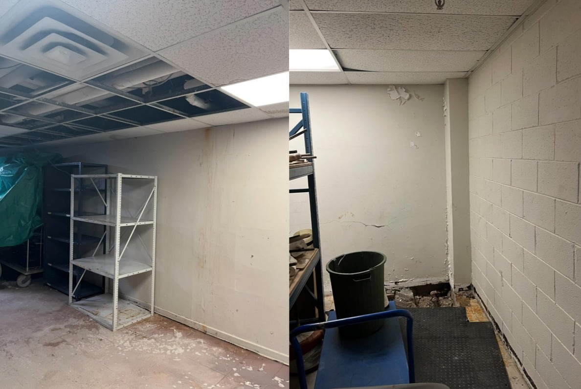Side-by-side photo of empty concrete rooms.