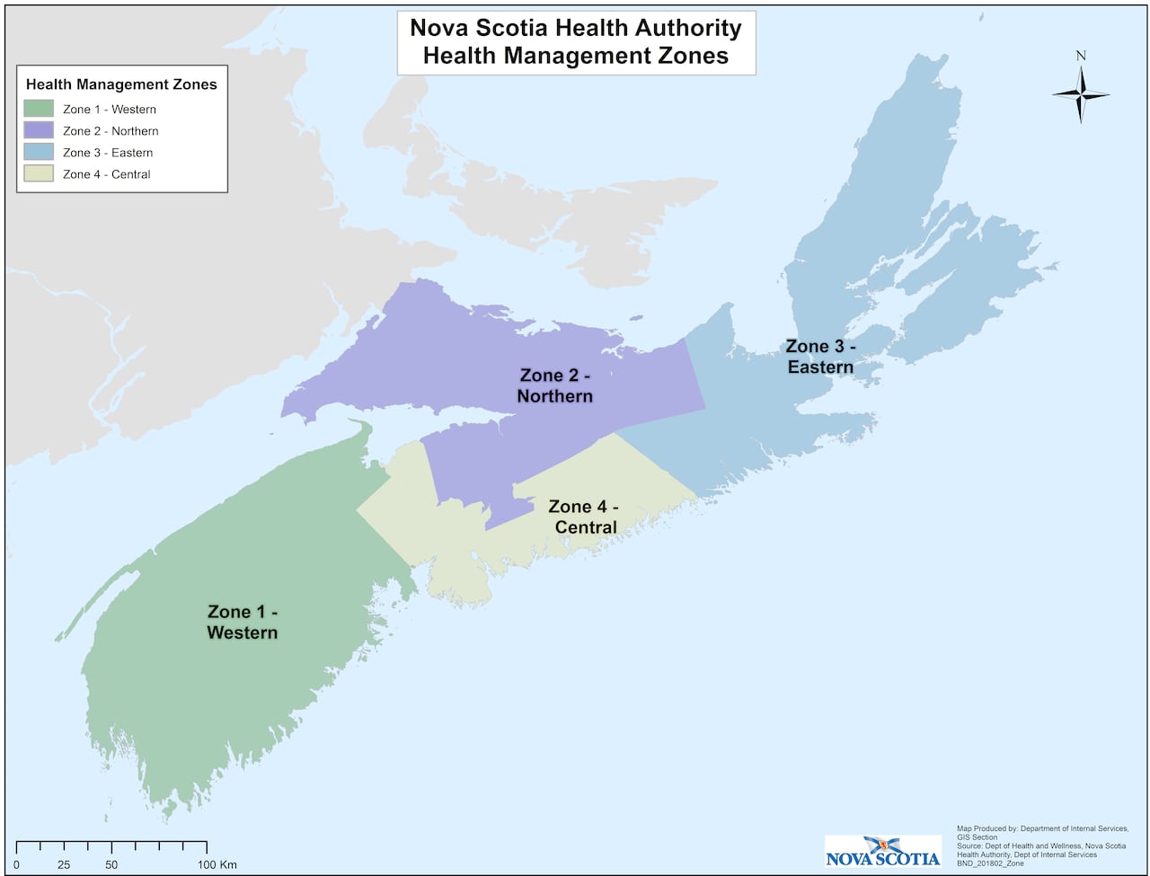 A map of the four health-care management zones in Nova Scotia
