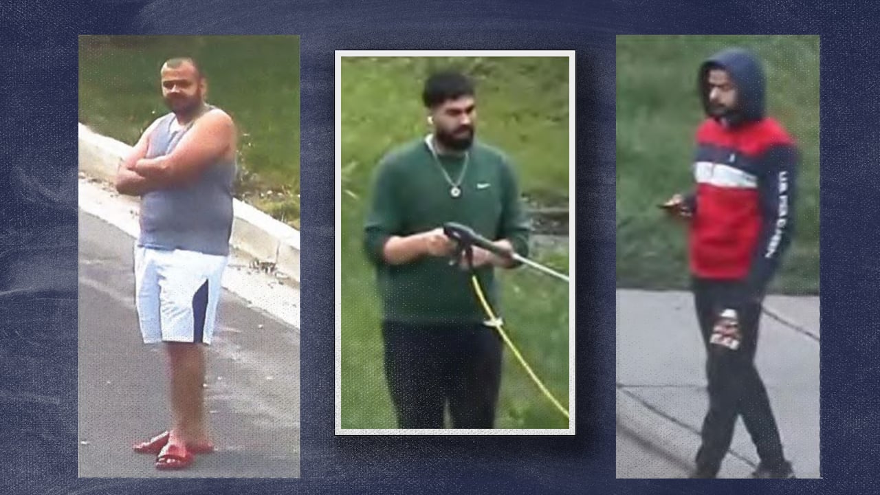 An FBI pole camera caught Karamveer Singh (centre) outside a residence in California where agents also saw Lakhvinder Kumar (left) and Anmol Bishnoi, the brother of jailed gang leader Lawrence Bishnoi. Both Kumar and Anmol Bishnoi have since been dep