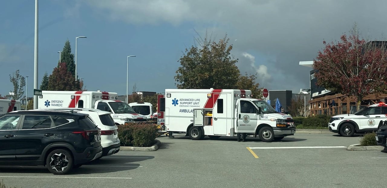 First responders at Tsawwassen Mills mall in Metro Vancouver.