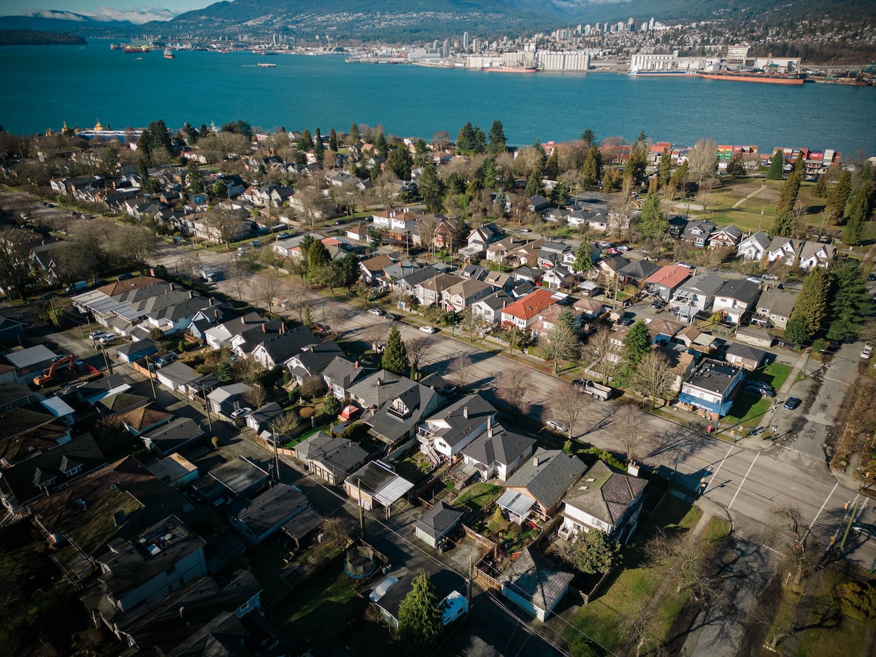 An aerial view of a Vancouver neighbourhood near the water.