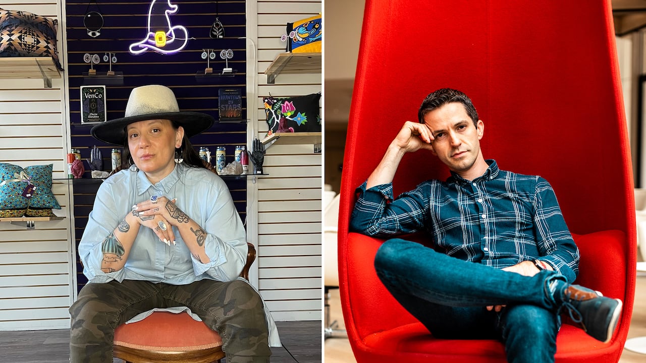 A composite image of a woman dressed in camoflage pants and a denim shirt sitting under a neon witch hat, next to a man in jeans and a button down shirt sitting on a red chair.