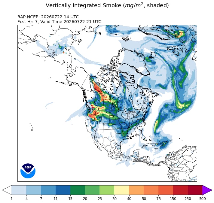 A chart shows smoke levels in North America. Based on the key provided, it shows heavy smoke in Western Canada.