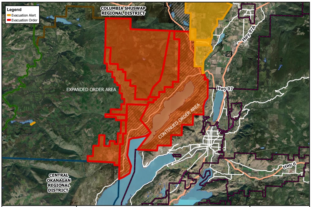 A map with areas highlighted in red and yellow.