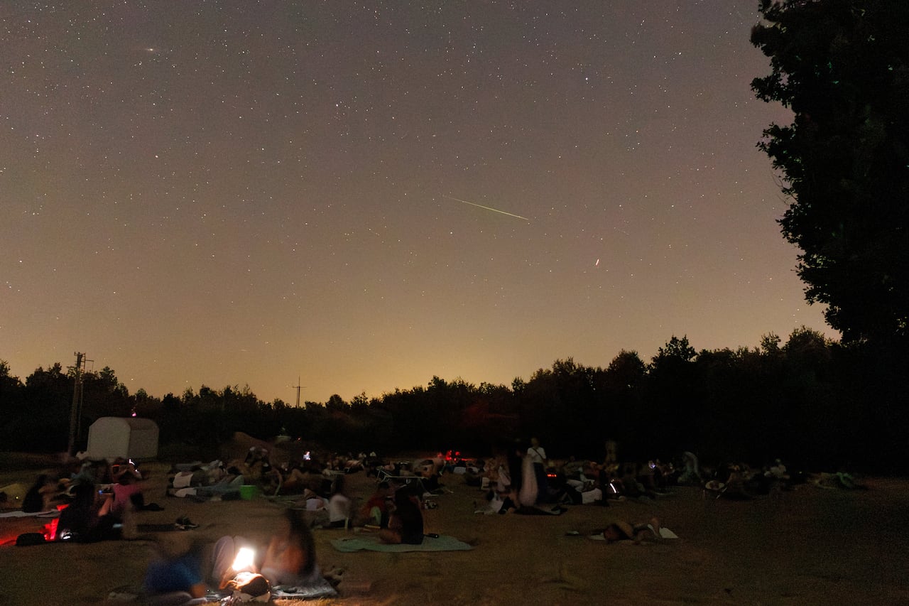 People sitting on a grassy lawn rimmed by forest with meteor streaks and stars in the night sky above them.