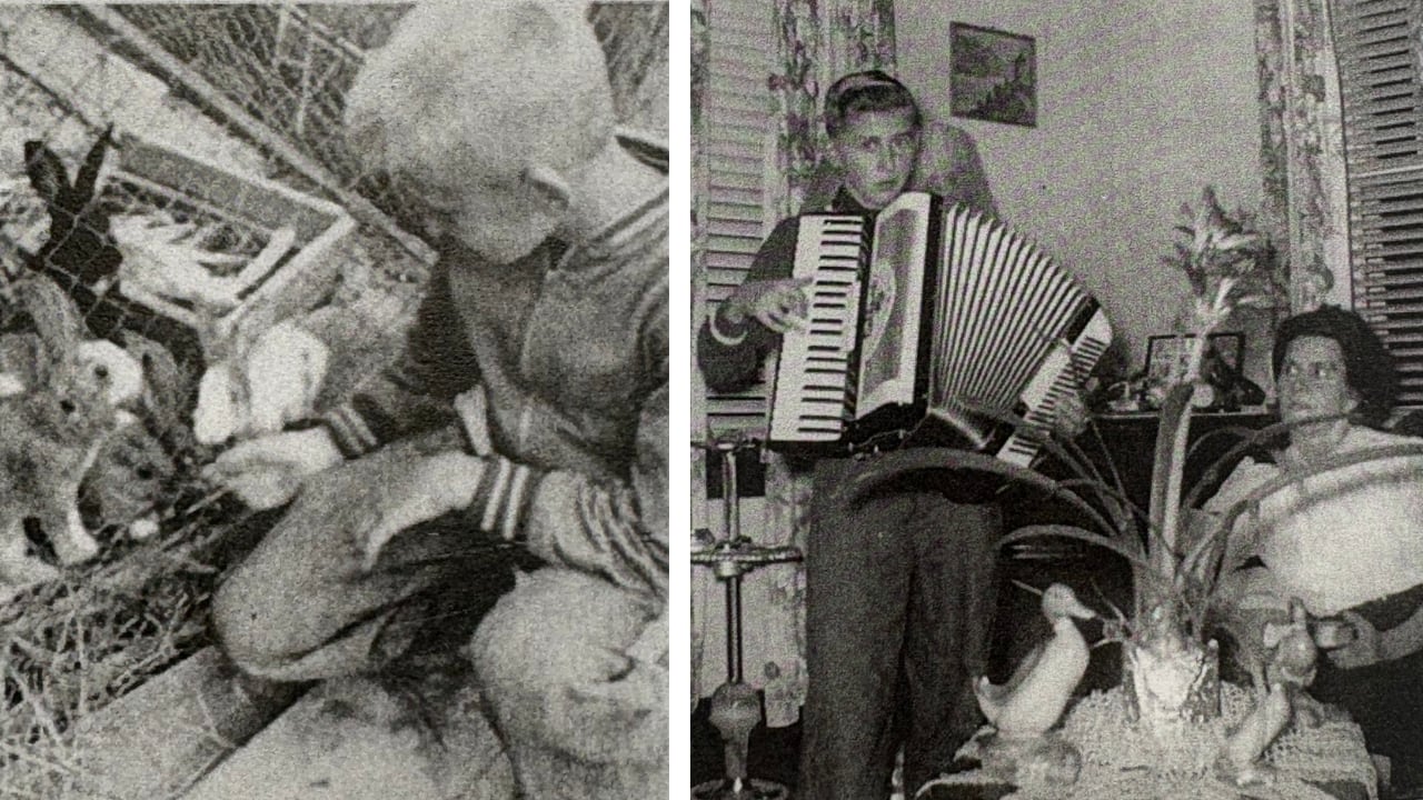 composite black and white childhood photos of kid playing with rabbits and accordion