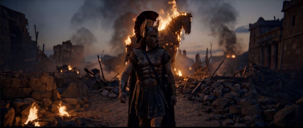 An AI-generated scene where a man in Greek armour walks away from a burning horse.