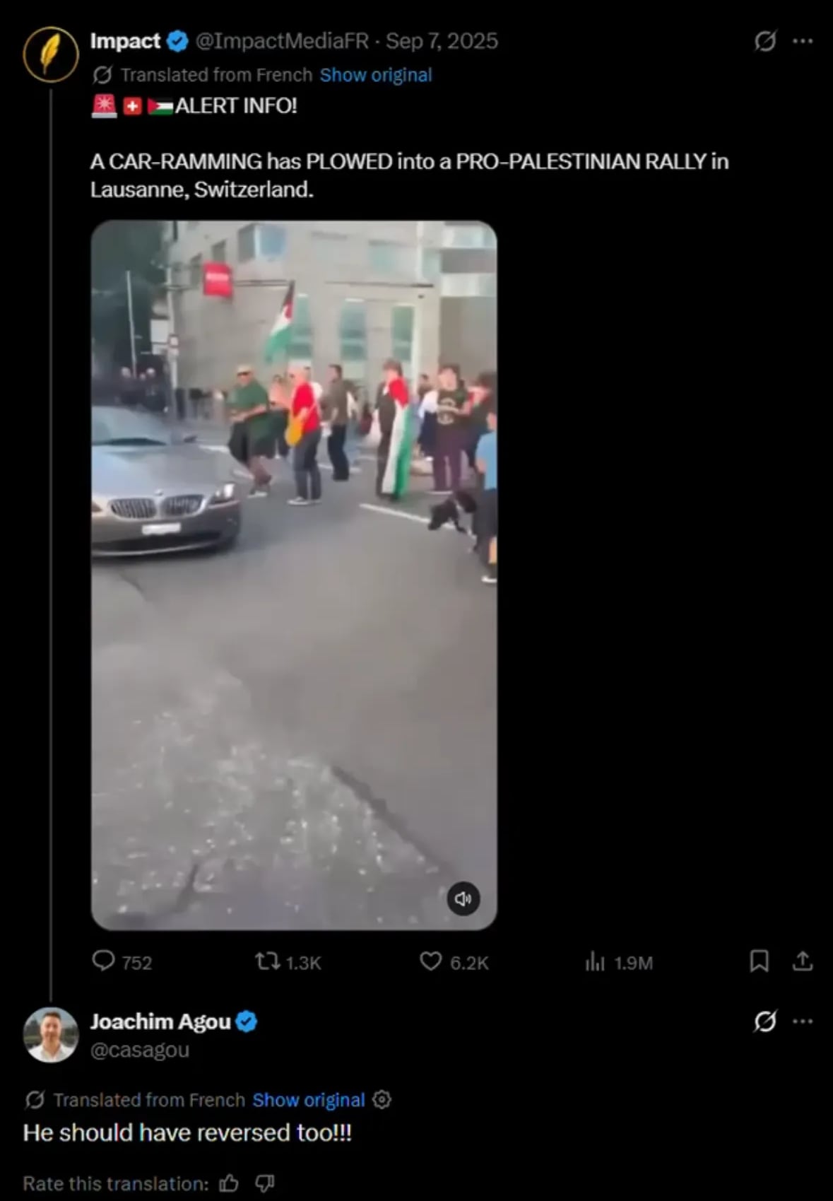 A social media post which depicts a man responding to a video, saying 'He should have reversed too'.