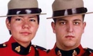 Side by side images of a woman and a man in red serge RCMP dress uniforms and tan hats.