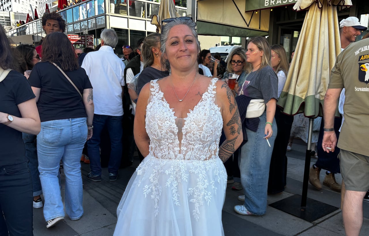 A woman in a wedding dress.