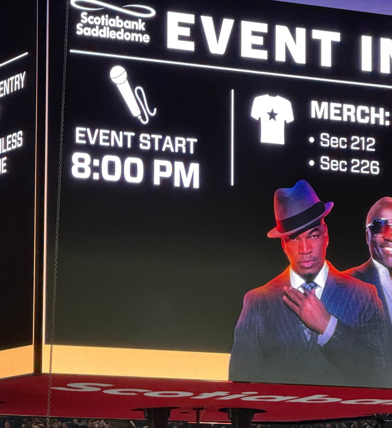 The jumbotron at the Scotiabank Saddledome with the start time of the Ne-Yo and Akon concert.